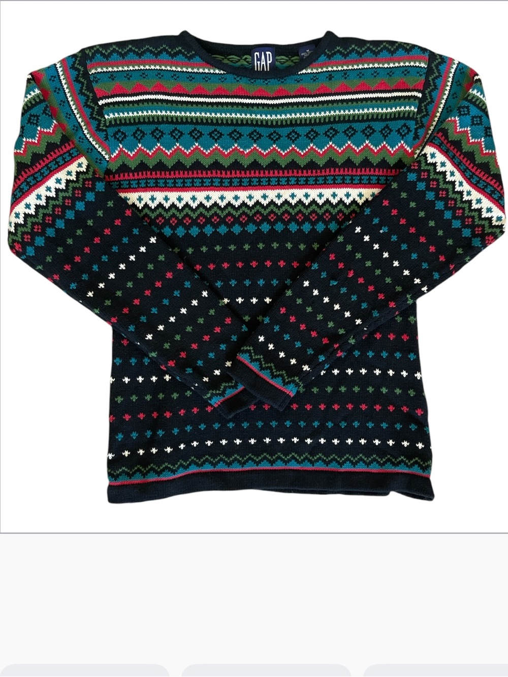 Gap 90s Black Fair Isle Multicolor Geometric Nordic Bands Cotton Sweater Size M